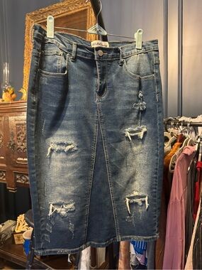 Women’s Distressed Dark Blue Denim Skirt